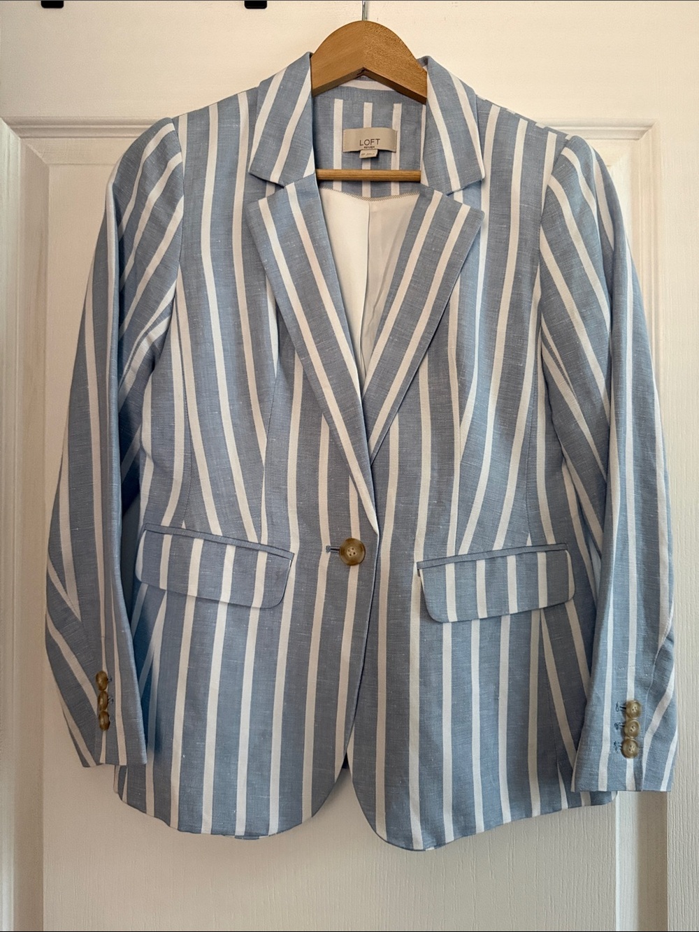 LOFT Light Blue and White Striped Single-Button Blazer